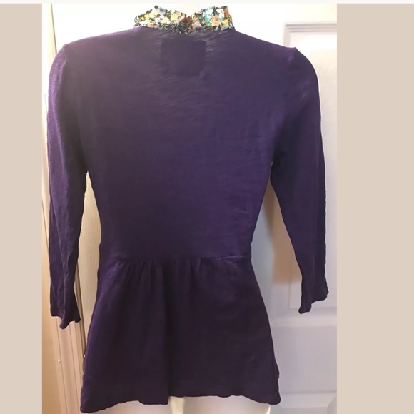 DELETTA Purple Printed Tuxedo Tee Shirt Blouse Pleated VNeck Layering knits Tops - Picture 6 of 8